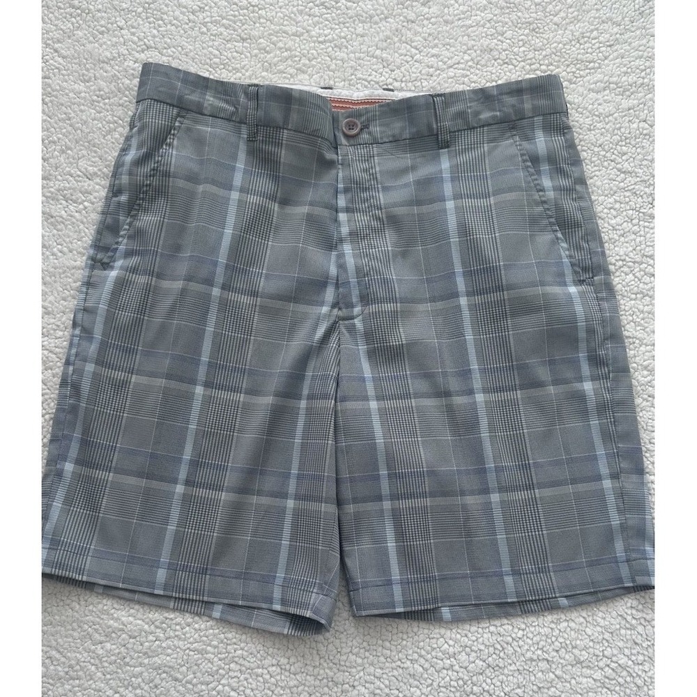 Greg Norman Mens Size 34 Plaid Gray Blue Flat Front Medium Wash Golf Short